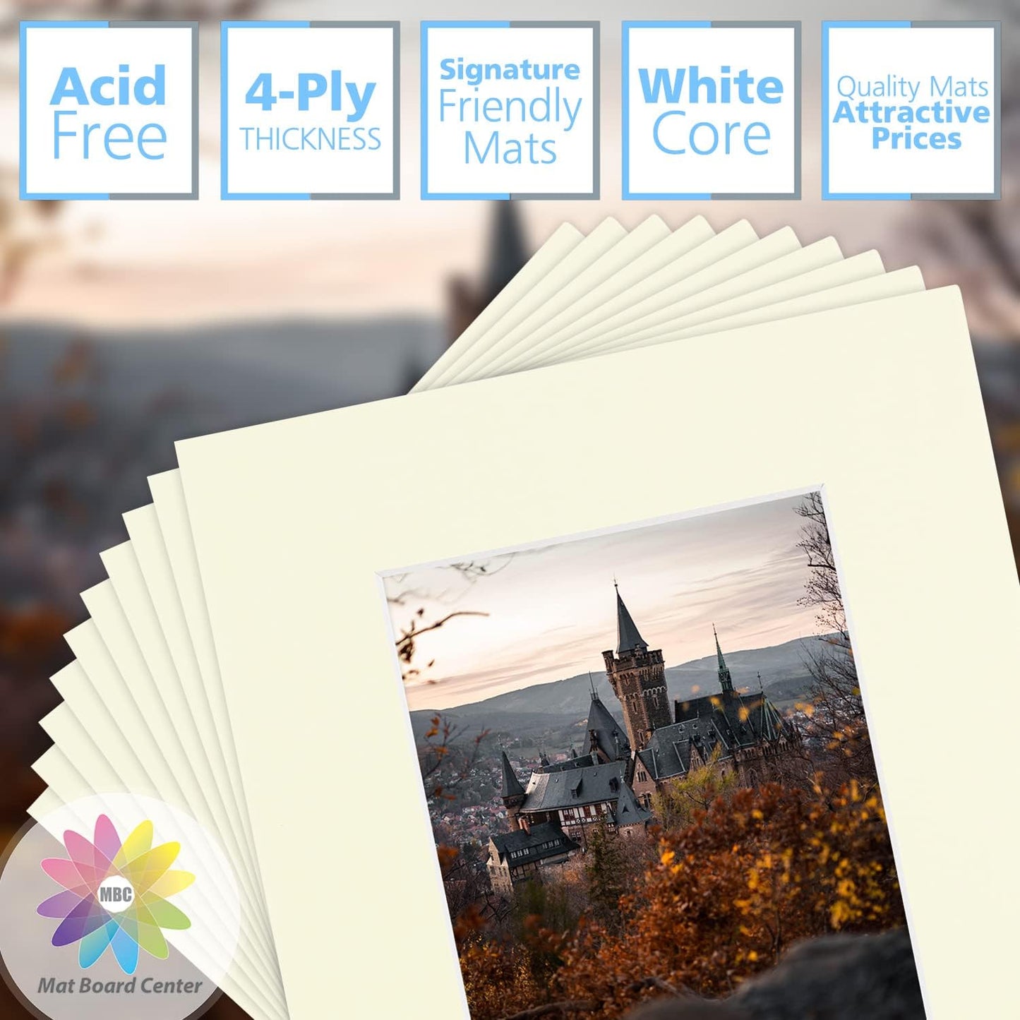 Mat Board Center, Pack of 10, 8x10 for 5x7 Ivory Color Mats - Bevel Cut, Acid Free, 4-ply Thickness, White Core - for Pictures, Photos, Framing