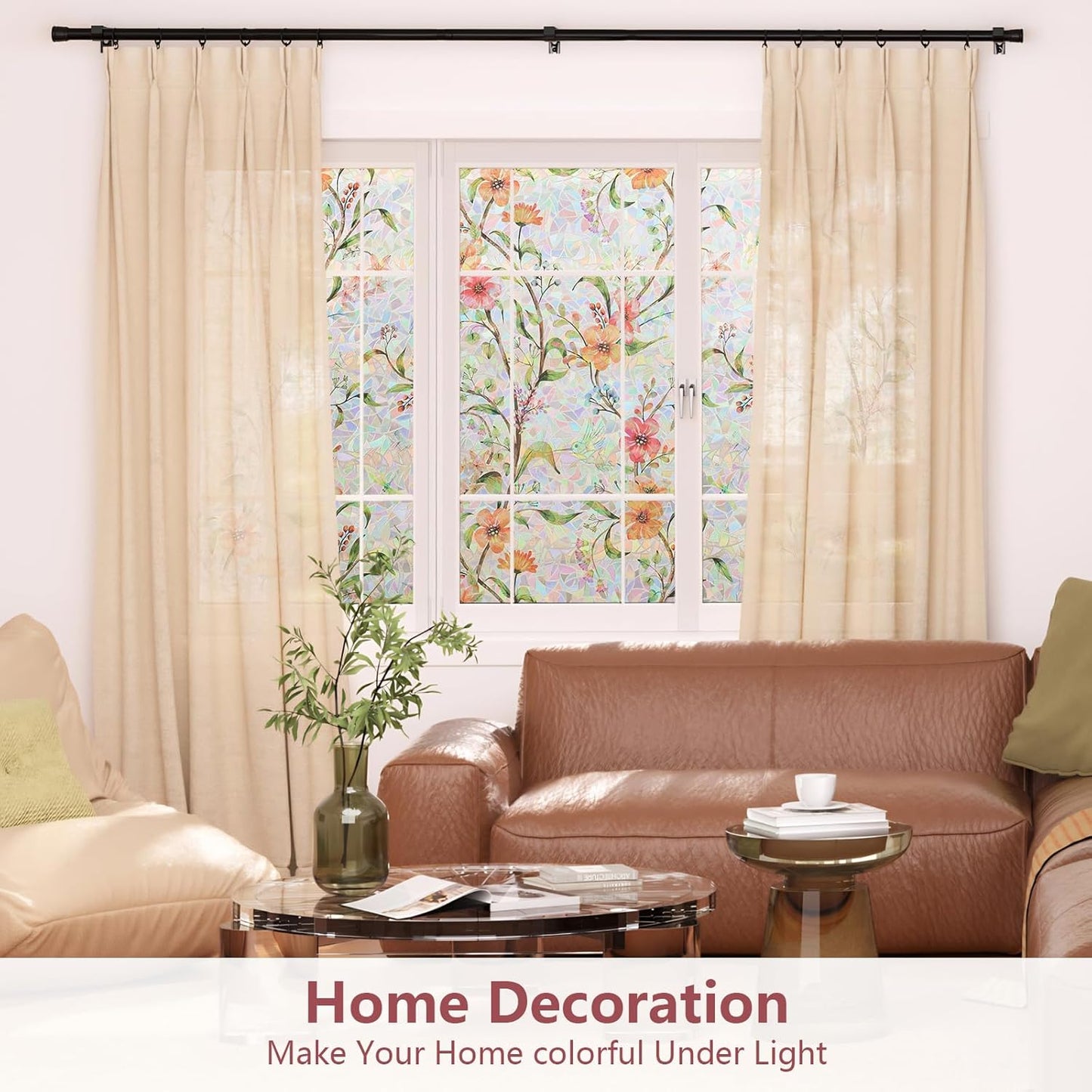 NINETREX Window Privacy Film,Stained Glass Window Film,Rainbow Decorative Stickers Static Cling Anti UV Heat Control for Home Decor (Galsang Flower,35.4 x 157.4inch)