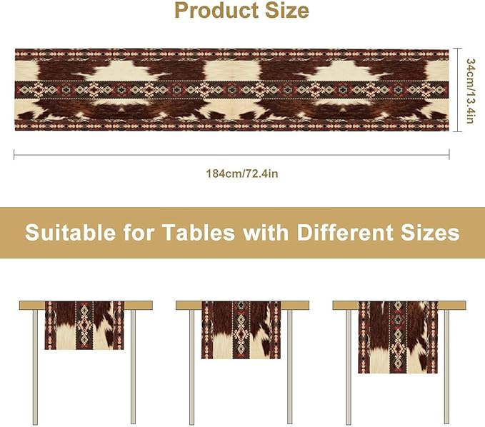 Cowhide Table Runner, Brown Cow Western Exotic Aztec Wild Animals Skin Table Runner for Kitchen Farmhouse Dining Home Outdoor Party 13x120in