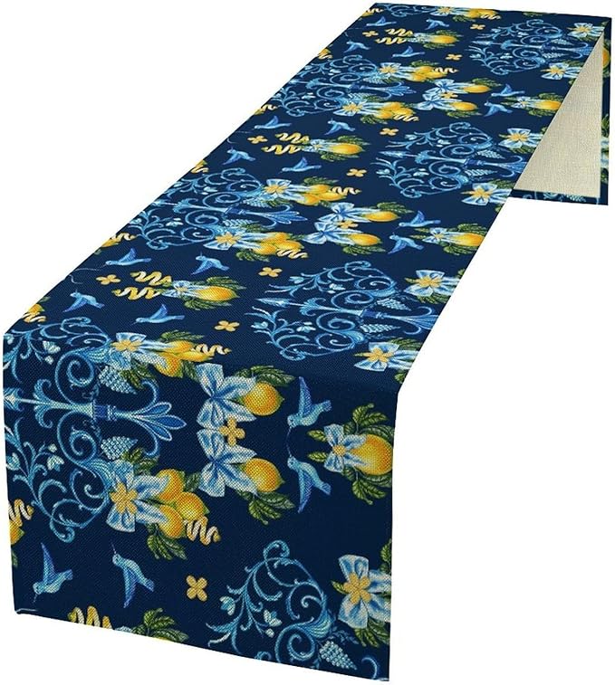 Lemon Fruit Table Runner Nature Bow Farmhouse Talavera Ethnic Folk Rustic Birds Aesthetic Dining Table Decoration for Home Holiday Party Dresser Kitchen Cabin Restaurant Wedding Decor 13×60in