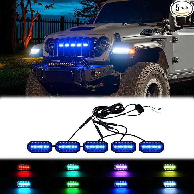 MAIKER RGB LED Grille Lights Compatible with 2024-2025 Jeep Wrangler JL JLU JT Original Factory Grille, 5PCS RGB Adjustable Atmosphere Exterior Grill Lights Remote APP Control