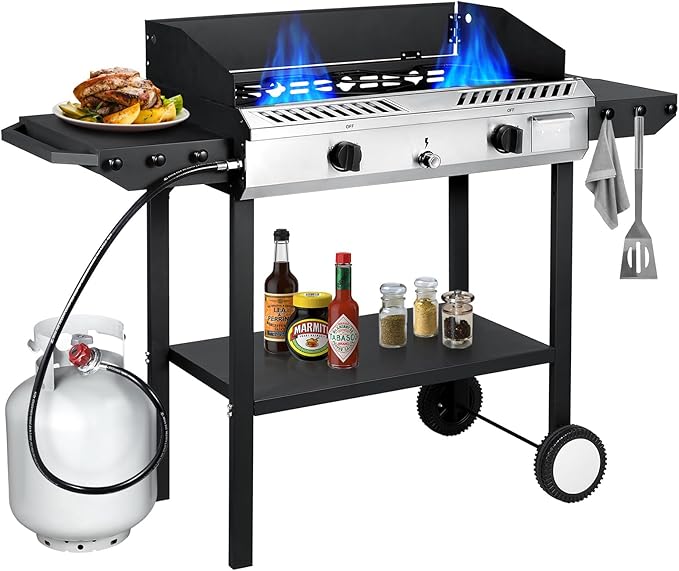 Llamaviva 2 Burner Outdoor Gas Stove with Side Shelves, Auto-ignition & Regulator, 150,000 BTU Propane Outdoor Stoves for Cooking, Camping&BBQ Cookouts