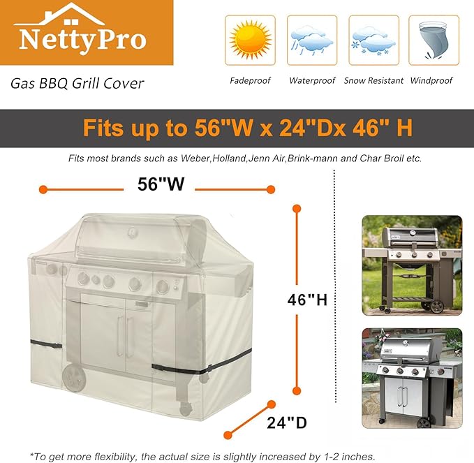 NettyPro BBQ Grill Cover 56 inch Heavy Duty Waterproof Outdoor 2-3 Burners Gas Grill Cover for Outside Weber, Char-Broil, Brinkmann, Nexgrill Barbecue, Beige