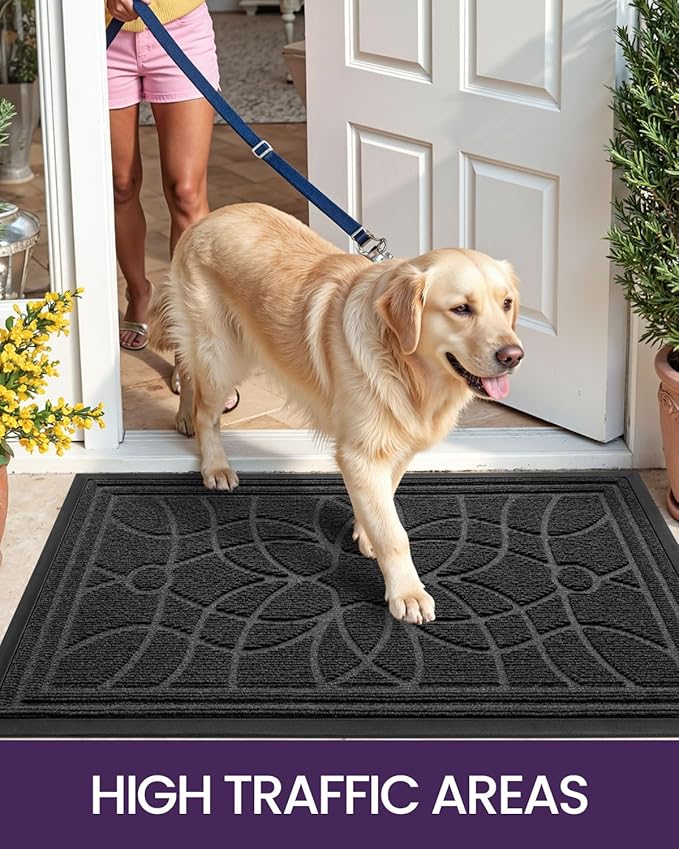 DEXI Front Door Mat Outside Entrance, Heavy Duty Non Slip Low Profile Doormat for Entryway, Trap Dirt and Moisture Welcome Mats, Easy Clean, Patio, Garage, 4x2, Grey