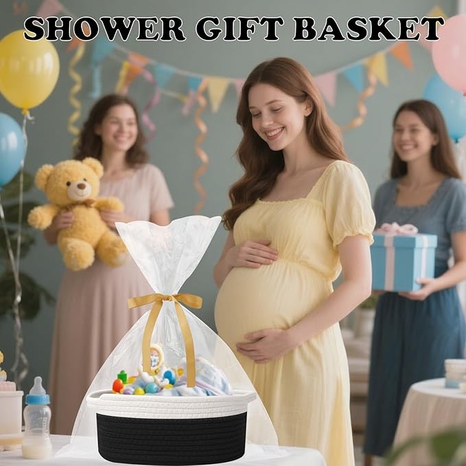 Gift Basket with Gift Bag and Ribbons,Small Rope Woven Shelf Storage,Baskets for Gifts Empty,Birthday,Baby Shower,Decorative Organizer Box with Handles(White&Black)