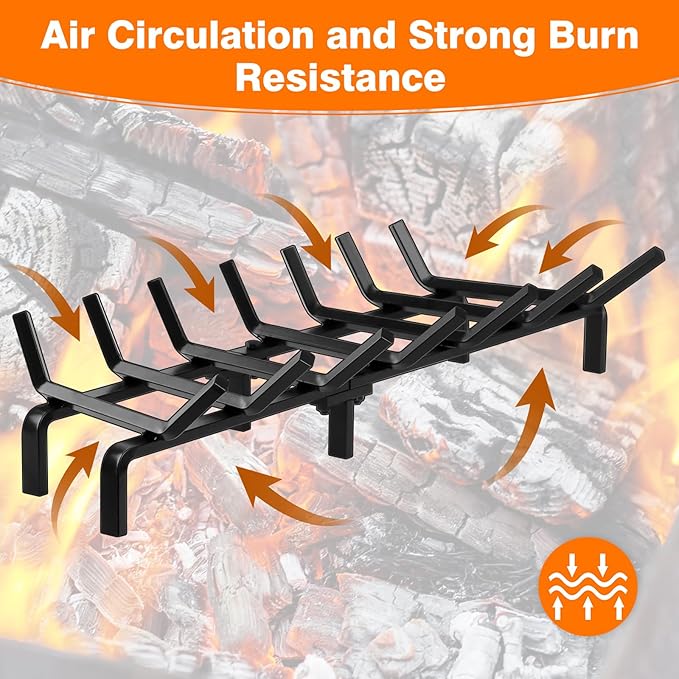 FEED GARDEN Fireplace Grate 30 inch Heavy Duty Fireplace Log Holder, 1/2" Solid Steel Bar Fire Pit Grate for Indoor Outdoor, Wood Stove Fireplace Accessories Wrought Iron Firewood Burning Rack