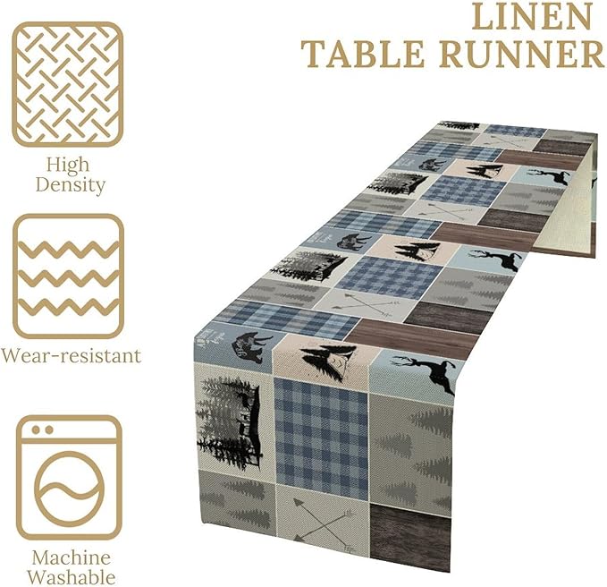 Rustic Bear Deer Table Runner, Blue Checkered Nature Forest Wildlife Farmhouse Cabin Country Table Runner for Outdoor Dining Kitchen Camping Party 13x108in