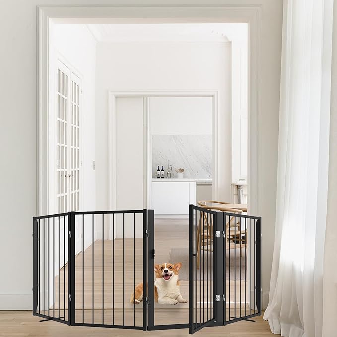 Metal Freestanding Dog Gate, Foldable Extra Wide 118", 32" Tall Large Opening Pet Gate for Indoor & Outdoor, Portable Dog Fence for Stairs, Doorways (Black, 6 Panels)