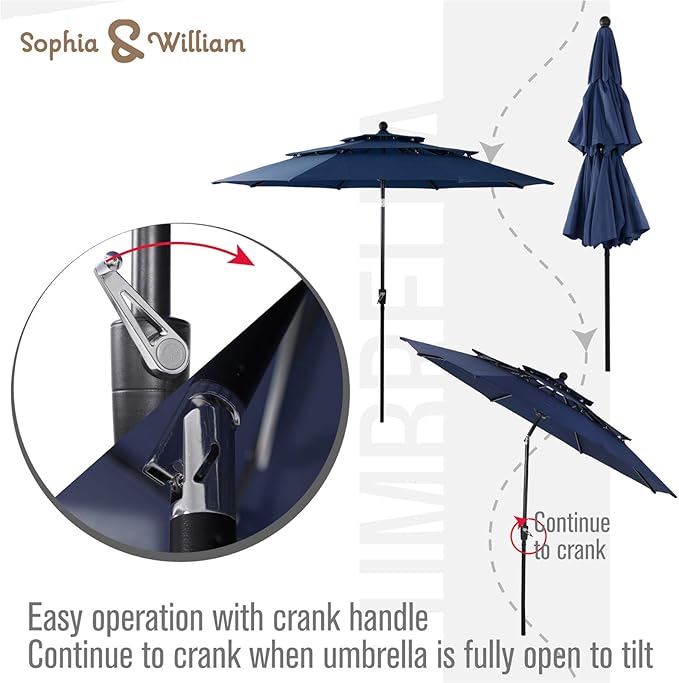 Sophia & William Patio 6 Pieces Dining Set with 4 PE Rattan Chairs, 1 Square Metal Table and 1 10ft 3 Tier Auto-tilt Umbrella Navy, Modern Outdoor Dining Set for Poolside, Porch, Patio, Balcony