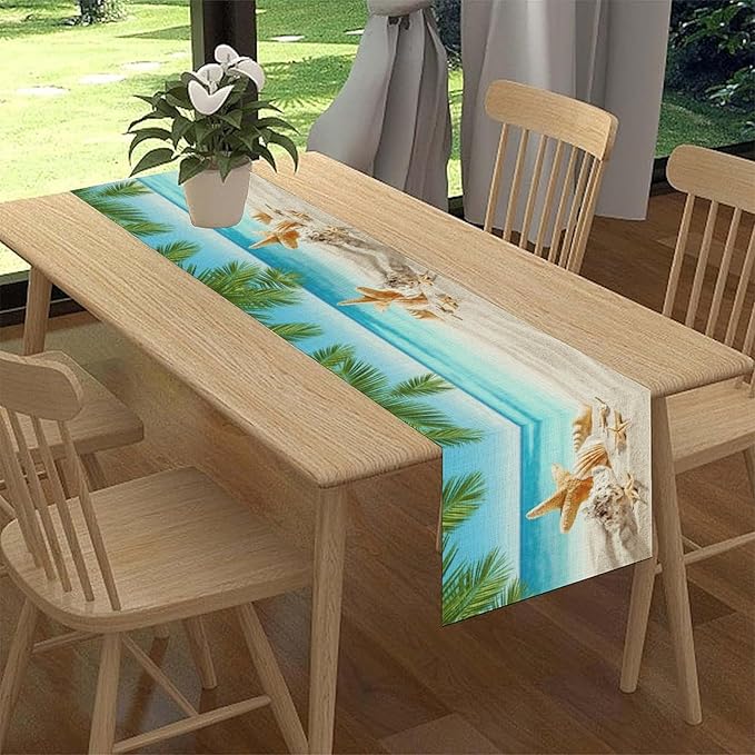Summer Coastal Table Runner, Nautical Starfish Beach Seashell Ocean Tropical Palm Seasonal Coffee Table Center Decor for Home Kitchen Dining Patio Holiday Party Table Decorations 13"x72"