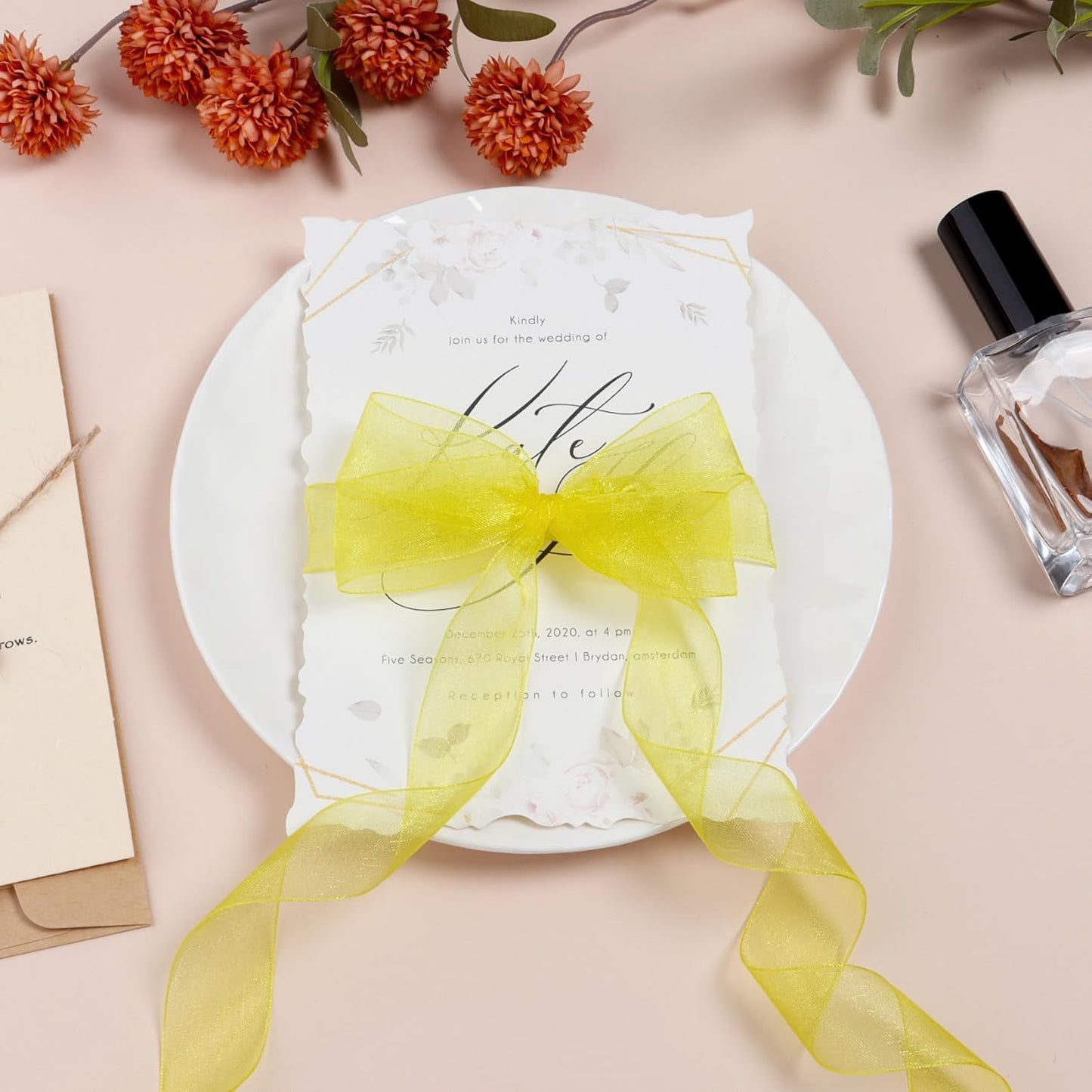 Ribbon for Gift Wrapping 3/4 inch Yellow Sheer Organza Ribbon for Flower Bouquet Tulle Thin Chiffon Ribbons for Wedding Invitations Christmas Halloween Presents Decorations Crafts 50 Yards