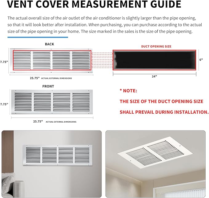 Return Air Grill 24x6(Duct Opening Size),Air Return Vent Cover,Flat Vent Cover,Rejillas De Aire Acondicionado para Casa,Return Air Grilles,Outer Dimensions:25.75"W X 7.75"H(24"W x 6"H, Duct Opening)