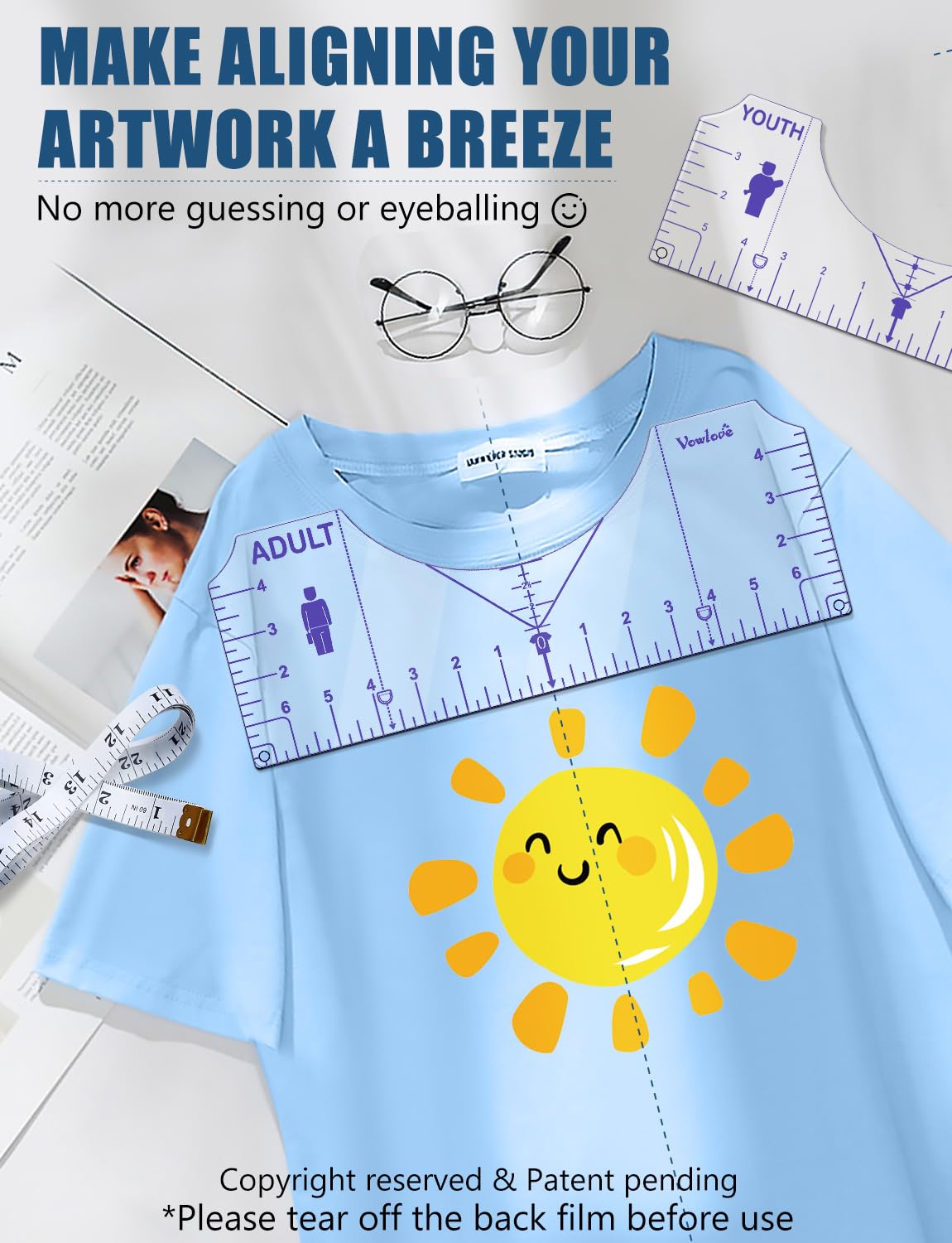 Vowlove Tshirt Ruler Guide for Vinyl Alignment, T Shirt Ruler to Center Designs Alignment Tool for Embroidery Left Chest Logo Placement Tee Shirt Guide Ruler for Heat Press T-Shirt Printing Guide Set