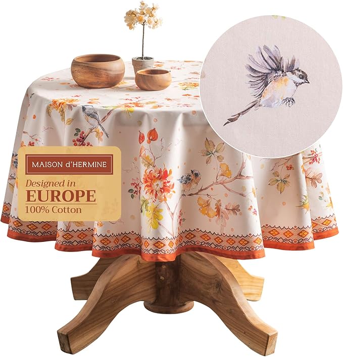Maison d' Hermine Table Cloth Round Table 100% Cotton 69 Inches Fall Tablecloth Reusable Everyday Use for Thanksgiving Christmas Decorations Dining Farmhouse Party (Kelim - Prairie)