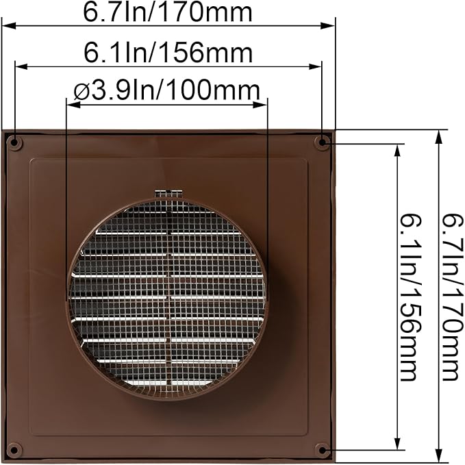 Brown 4" Inch Ventilation Grille - Inside/Outside use - (Flange 3.9"Ø/Cover 6.7"x6.7") - Air Vent Louver - Exhaust Hood - Available 3 Sizes / 4 Colors, Brown