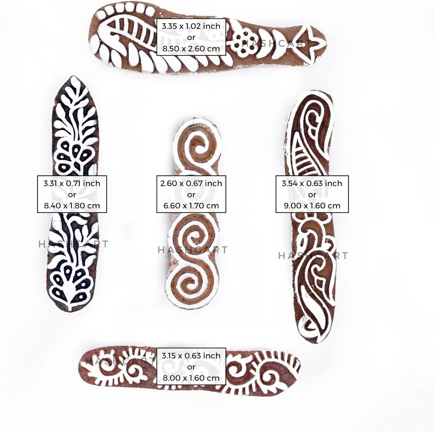 Hashcart | Set of 5 | Finger Shapes Wooden Printing Stamps for Saree Border Heena Clay Kids Art Project, Tattoo Handcarved Indian Textile Printing Blocks