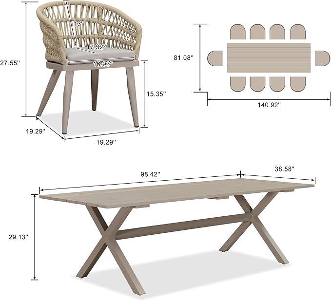 PURPLE LEAF 11 Pieces Outdoor Dining Set All-Weather PE Rattan Outdoor Patio Furniture Set with All Aluminum Frame Rectangular Table and Chairs Set for Lawn Garden Backyard Deck, Champagne