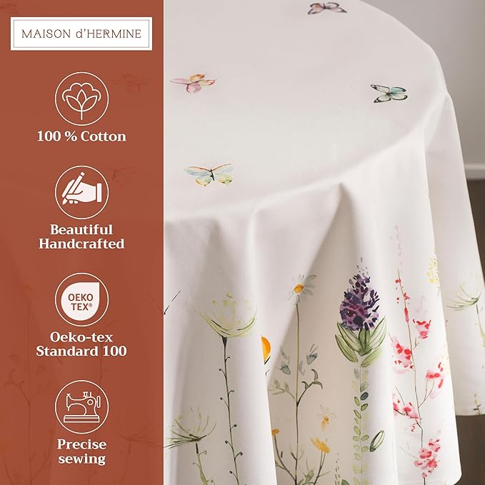 Maison d' Hermine Table Cloth Round Table 100% Cotton 69 Inches Tablecloth Reusable Decorative Everyday Use for Dining Room, Farmhouse, Home, Party, Festive & Wedding Spring Summer - Botanical Fresh