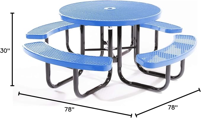 COATEDOUTDOORFURNITURE Heavy-Duty Portable Outdoor Picnic Table with Umbrella Hole, Expanded Metal Commercial-Grade Patio Dining Furniture Made in America (46" Round Top, Light Blue)