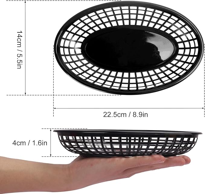 90 Pcs 9 x 5.7 Inch Reusable Oval Fast Food Baskets, Sturdy Plastic Serving Baskets for Fast Food, Parties, Picnics, BBQs and Snacks, by KUKLIPJIM.(Black)