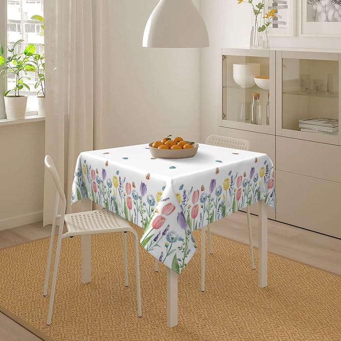 Spring Floral Tablecloth 54 x 54 Inch Square, Tulip Lavender Flower Decorative Tablecloths Stain Resistance Polyester Beautiful Flower Table Cloth for Holiday Parties Kitchen Dining Indoor Outdoor