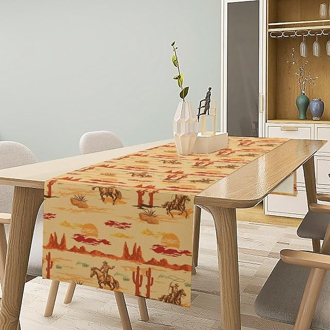 Western Cowboy Table Runner, Wild West Cowboy Ride Horse Desert Cactus Sunset Table Runner for Home Kitchen Dining Party Farmhouse Coffee Outdoor 13x70in