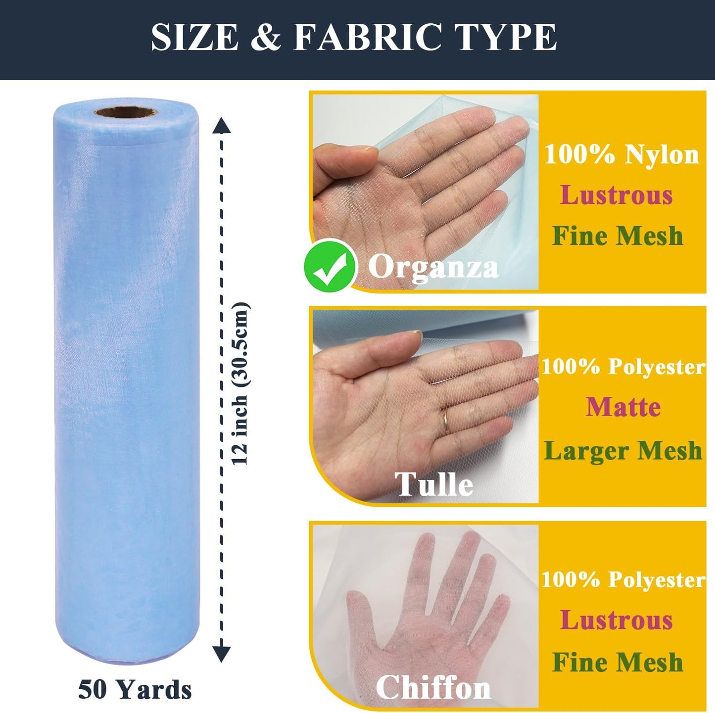 Organza Tulle Fabric Rolls, Crystal Organza 12" by 50 Yards (150 ft) Sheer Nylon Silky Shiny Netting Spool Bolt for DIY Craft Table Runner Wedding Baby Shower Party Decor (Baby Blue)