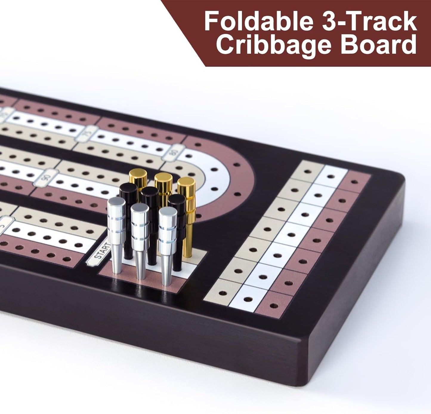 Cribbage Board Game Set - Wooden Foldable 3-Track Board with Magnetic Closure, 9 Metal Pegs, Playing Cards, Portable Family Travel Game for Gatherings and Gifts