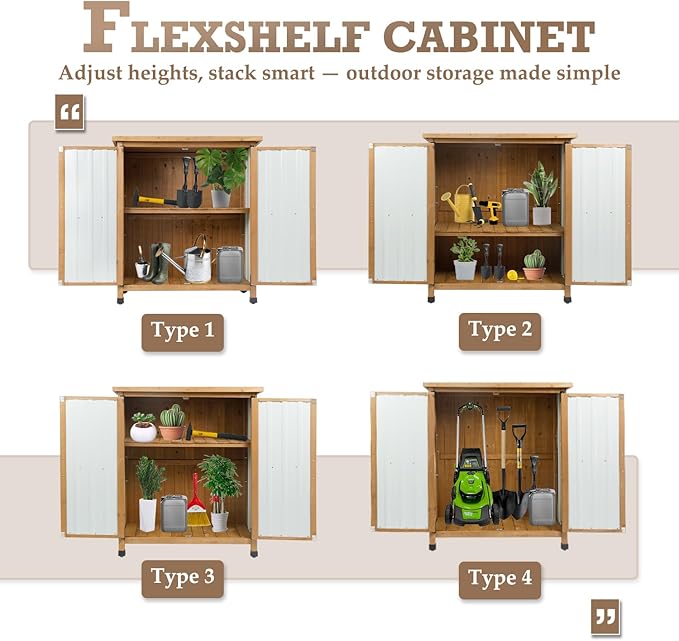 Outdoor Storage Cabinet Waterproof with Shelves, Storage Box with Lockable Doors, Wood & Metal Patio Yard Pool Garden Storage Cabinet Organizer, Gifts for Women Men