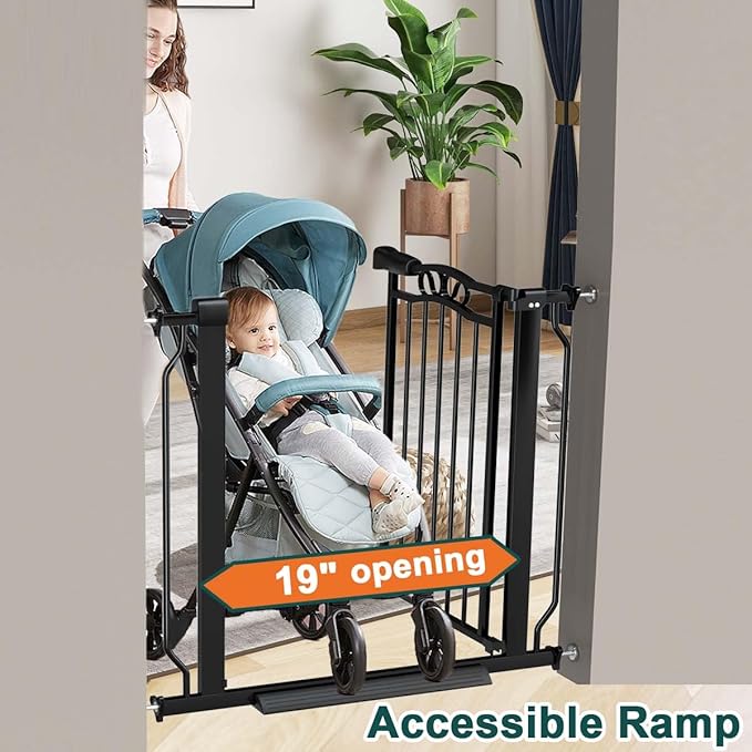 Fairy Baby 29.5"-33.5" Baby Gate for Doorways, Dog Gate for Stairs No Drill, Pressure Mounted Safety Pet Barrier with Arch Design, Auto Close Tension Metal Baby Gate with Door Indoor Outdoor, Black