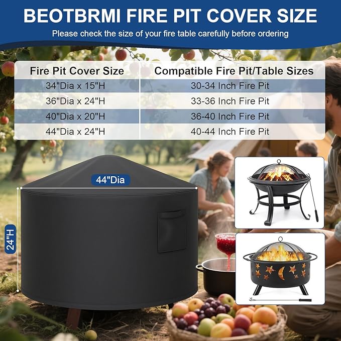 44 Inch Fire Pit Cover Round, Heavy Duty Oxford Fabric Fire Pit Cover for Fire Pit Bowl with Mesh Screen, Drawstring and Air Vents, Waterproof & Windproof Fit for 40-44 Inch Round Fire Pit