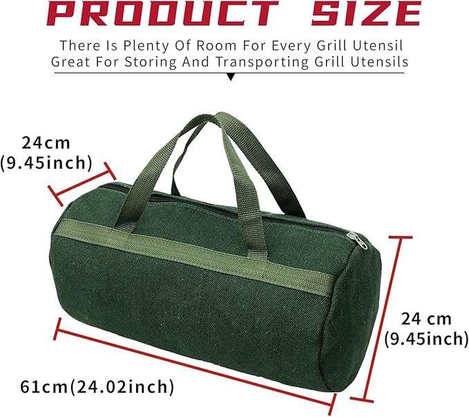 Grill Accessory Storage Bag, 24"" Extra Thick Canvas Grill Utensil Storage Bag, Double Zipper Grill Tool Storage Bag, BBQ Tool Storage Bag Carry Bag for Camping Hiking Barbecue, Dark Green
