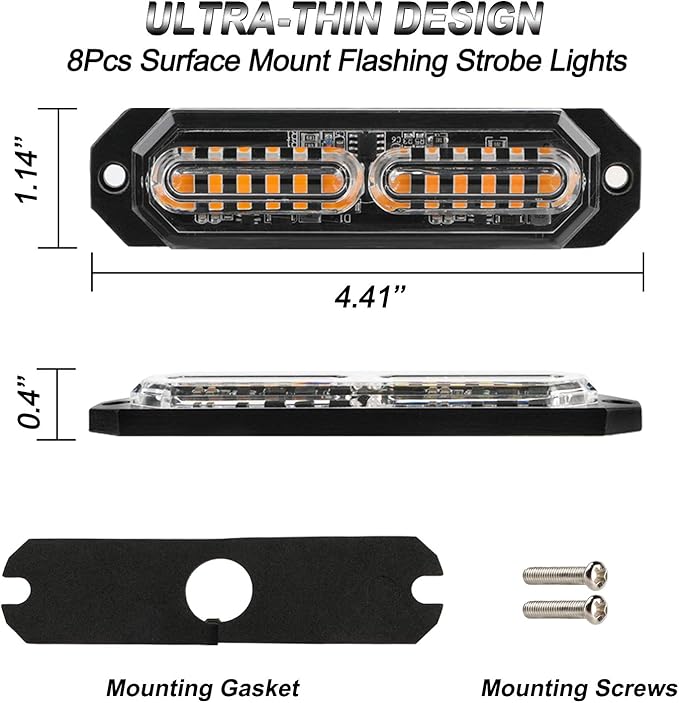 ASPL 8pcs Sync Feature Ultra Slim 12-LED Surface Mount Flashing Strobe Lights for Truck Car Vehicle LED Mini Grille Light Head Emergency Beacon Hazard Warning Lights (Amber)