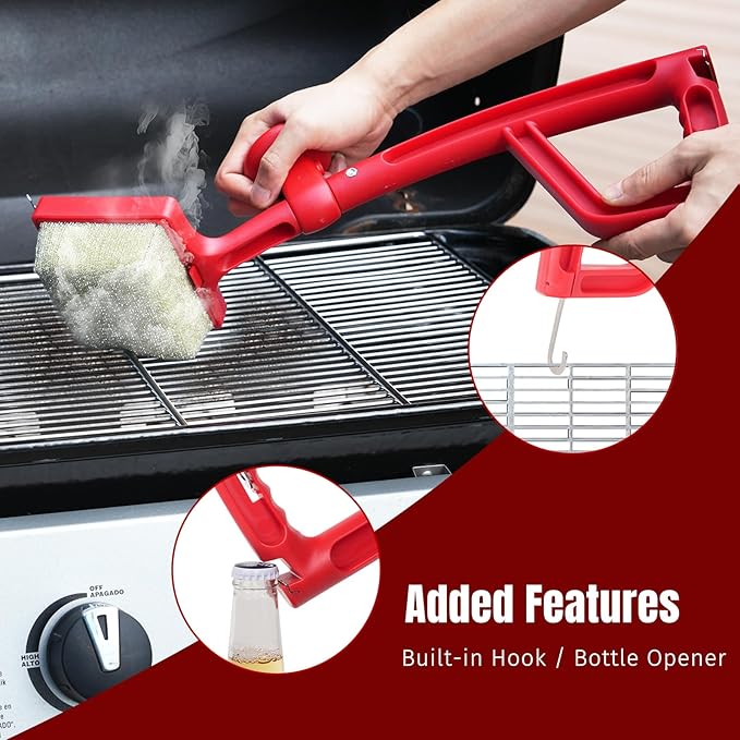 SHINESTAR Steam Grill Brush Bristle Free - Replaceable Cleaning Head with Unique Seamless-Fit Scraper, Durable Safe BBQ Cleaner for Cast Iron, Stainless-Steel & Various Grill Grate Types-Red