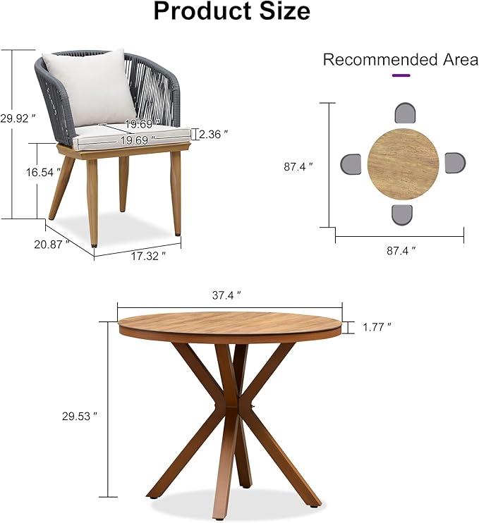 PURPLE LEAF 5 Pieces Patio Dining Set Wicker Outdoor Furniture Round Table and Chairs Set for Garden Deck Teak-Finish Aluminum Frame Backyard Kitchen Set, Cushions and Pillows Included
