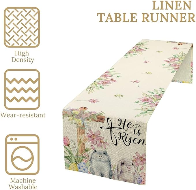 Easter Bunny Rabbits Table Runner,Boho Floral Cross Rabbits Easter Eggs Spring Table Center Decor for Family Kitchen and Living Room Outdoor Farmhouse Party Table Decorations, 13"x72"