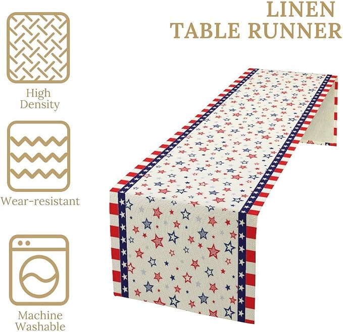 4th of July Table Runner, America Memorial Day Independence Day Stripe Stars Patriotic Table Runner for Home Kitchen Dining Indoor Holiday Farmhouse 13x36in