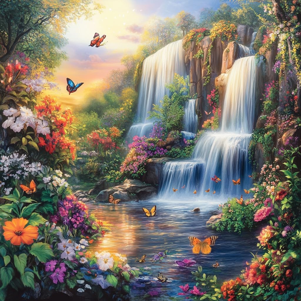 14ct Counted Stamped Cross Stitch Kits for Adults Mountain Waterfall Flowers Printed Cross Stitch Patterns Art Crafts Cross Stitch Supplies (Waterfall Mountain)