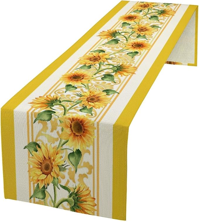 Yellow Sunflower Table Runner, Spring Summer Seasonal Floral Farmhouse Rustic Vintage Flower Print Table Cover for Home Kitchen Dining Table Decor Party, 13x90inch