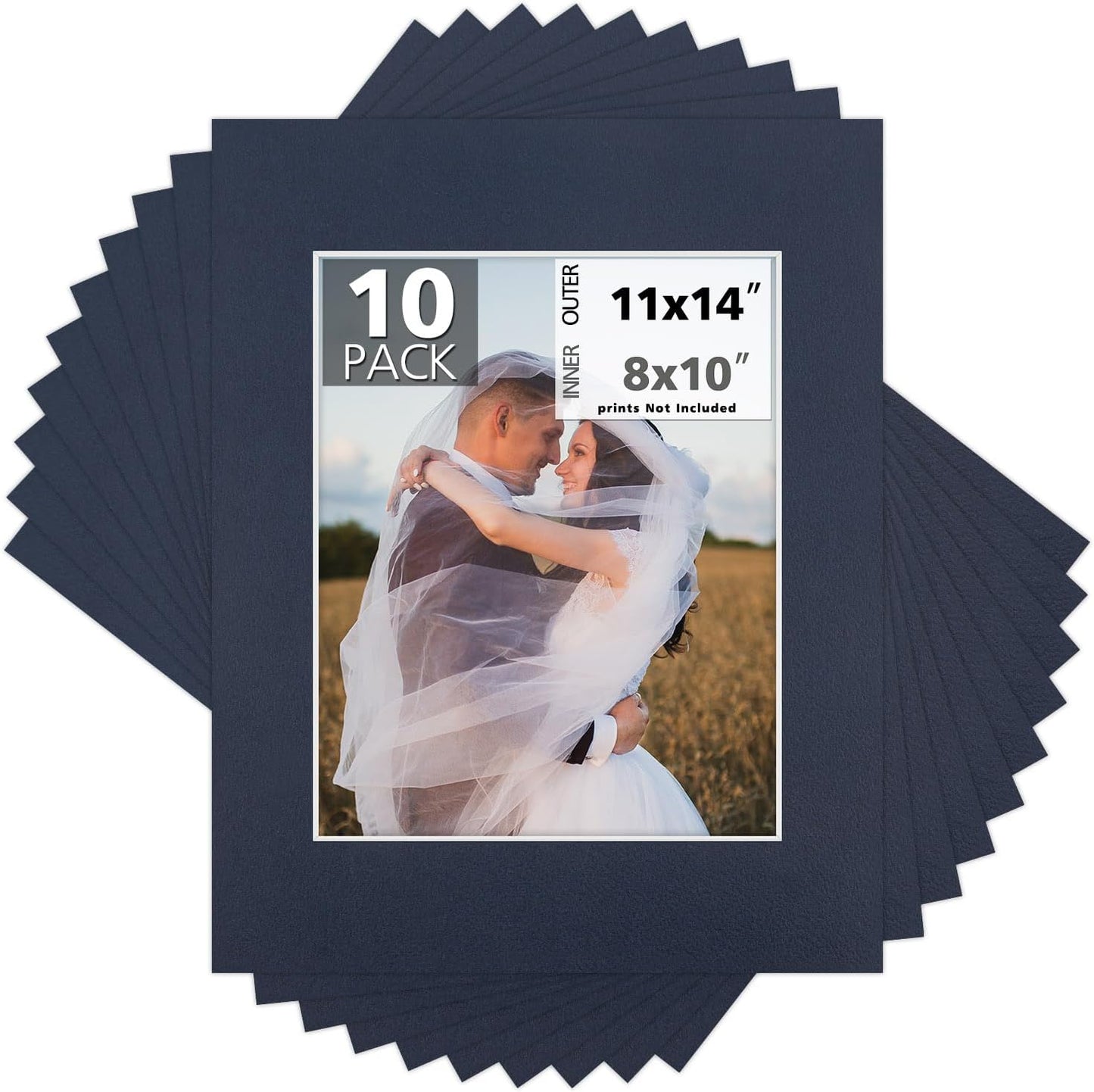 Mat Board Center, Pack of 10, 11x14 for 8x10 Dignity Blue Color Mats - Bevel Cut, Acid Free, 4-ply Thickness, White Core - for Pictures, Photos, Framing