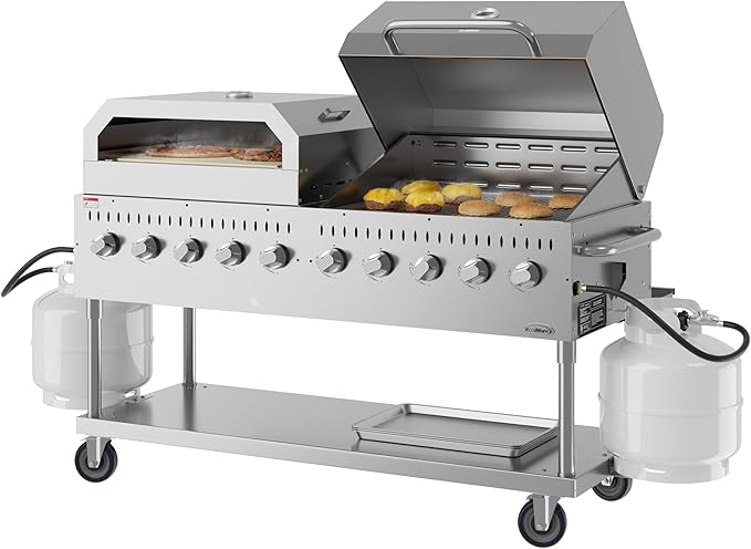 72 in. Commercial Outdoor Propane Gas Grill with 36 in. Roll Dome Cover and 36 in. Pizza Oven in Stainless-Steel, ETL Listed (CGKIT7-D36P36)
