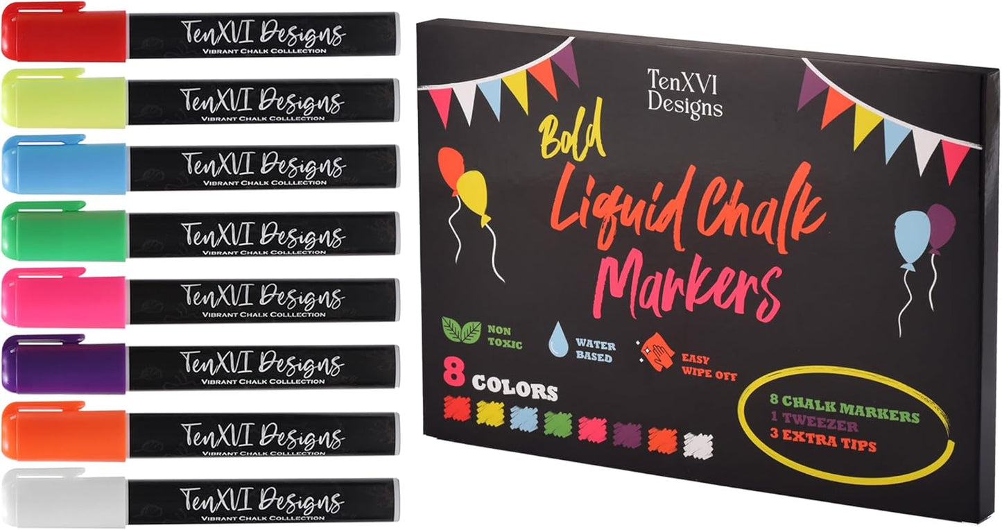 TenXVI Designs Chalk Markers - 8 Vibrant Colors, 6mm Reversible Tips, Erasable, Non-Toxic, Water Based for Kids & Adults - For Chalkboard, Glass & Non-Porous Surfaces, Liquid Chalk Board Markers