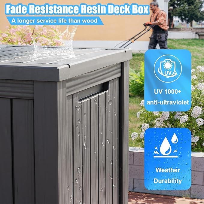 200 Gallon Resin Deck Box, Waterproof Outdoor Storage Box for Patio Furniture, Garden Tools, and Pool Accessories, Lockable UV-Resistant Storage Bin Bench Cabinet for Outside, Grey