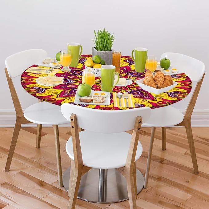 Floral Mandala Vintage Round Table Cloth Cover, Elastic Edge Waterproof Wipeable Tablecloths 36"-42" Polyester Tablecloth for Party Restaurant Banquet Holiday Camping Outdoor Picnic