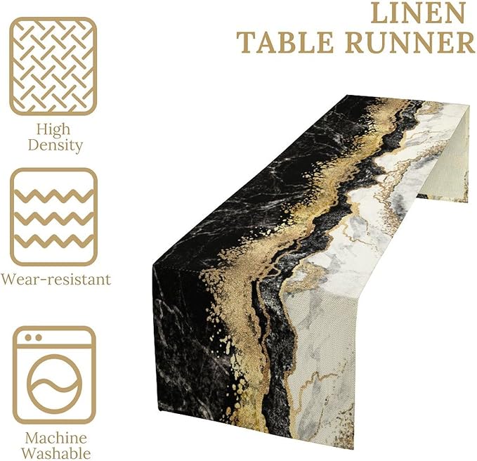 Marble Table Runner, Ink Golden Marble Texture Table Runner for Kitchen Wedding Farmhouse Indoor Outdoor Home Party 13x70in