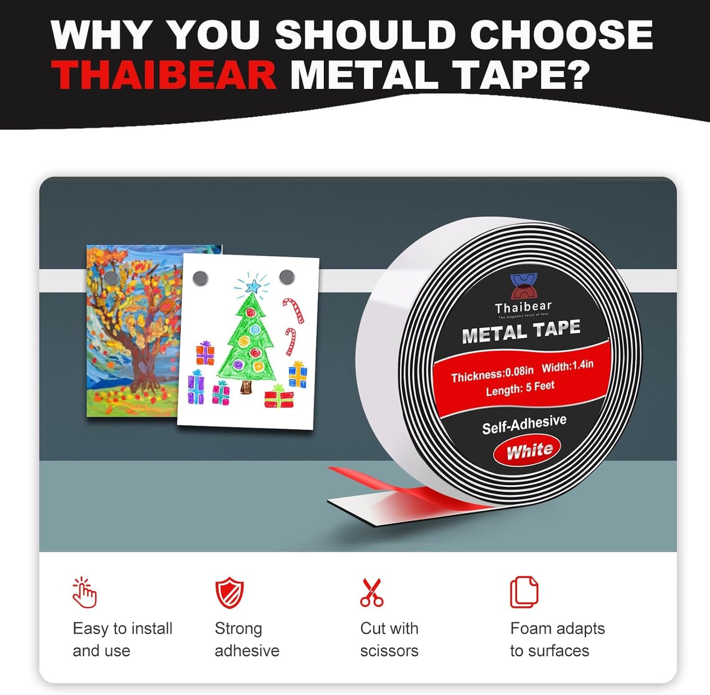 Thaibear Metal Tape for Magnets (1.4'' Wide x 5 ft Long) Flexible Metal Strips Self Adhesive, Ferrous Tape Stick Thin Metal Strips Roll for Magnets