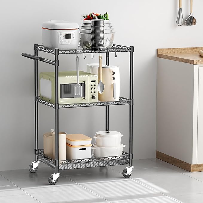Rolling Utility Storage Carts with Wheels 3 Tier Heavy Duty Metal Cart 750Lbs Capacity Adjustable Kitchen Organizer Cart with Handle & Shelf Liner Commercial Grade Trolley for Indoor & Outdoor Use