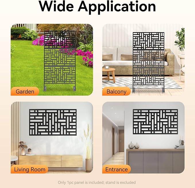 23.6x46 Inch Metal Privacy Screen Panel, Outdoor Decorative Privacy Fence Panel, Freestanding Modern Room Divider for Garden Patio Balcony Indoor Use – Laser Cut Design, Black