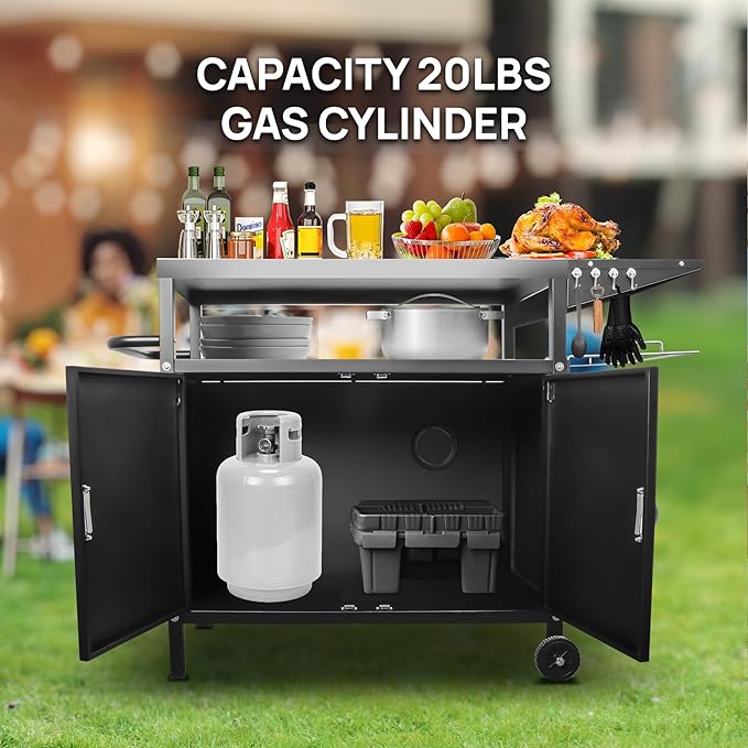 35" H Outdoor Grill Cart- Outdoor BBQ Prep Table, Lockable Wheels & Magnetic Cabinet for Patio, Backyard, Tailgating