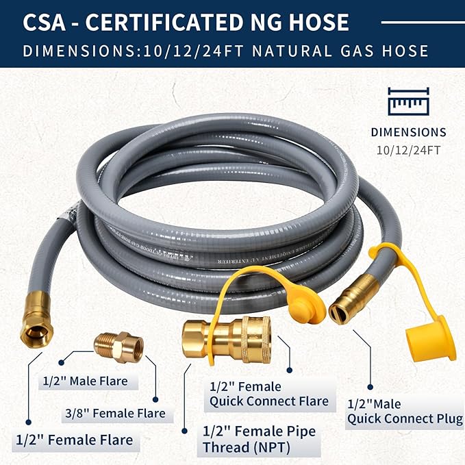 ABYDA 10Feet 1/2" ID Natural Gas Hose Low Pressure LPG Hose with Quick Connect -for BBQ, Grill, Pizza Oven, Patio Heater, and More - Propane to Natural Gas Conversion Kit - CSA Certified